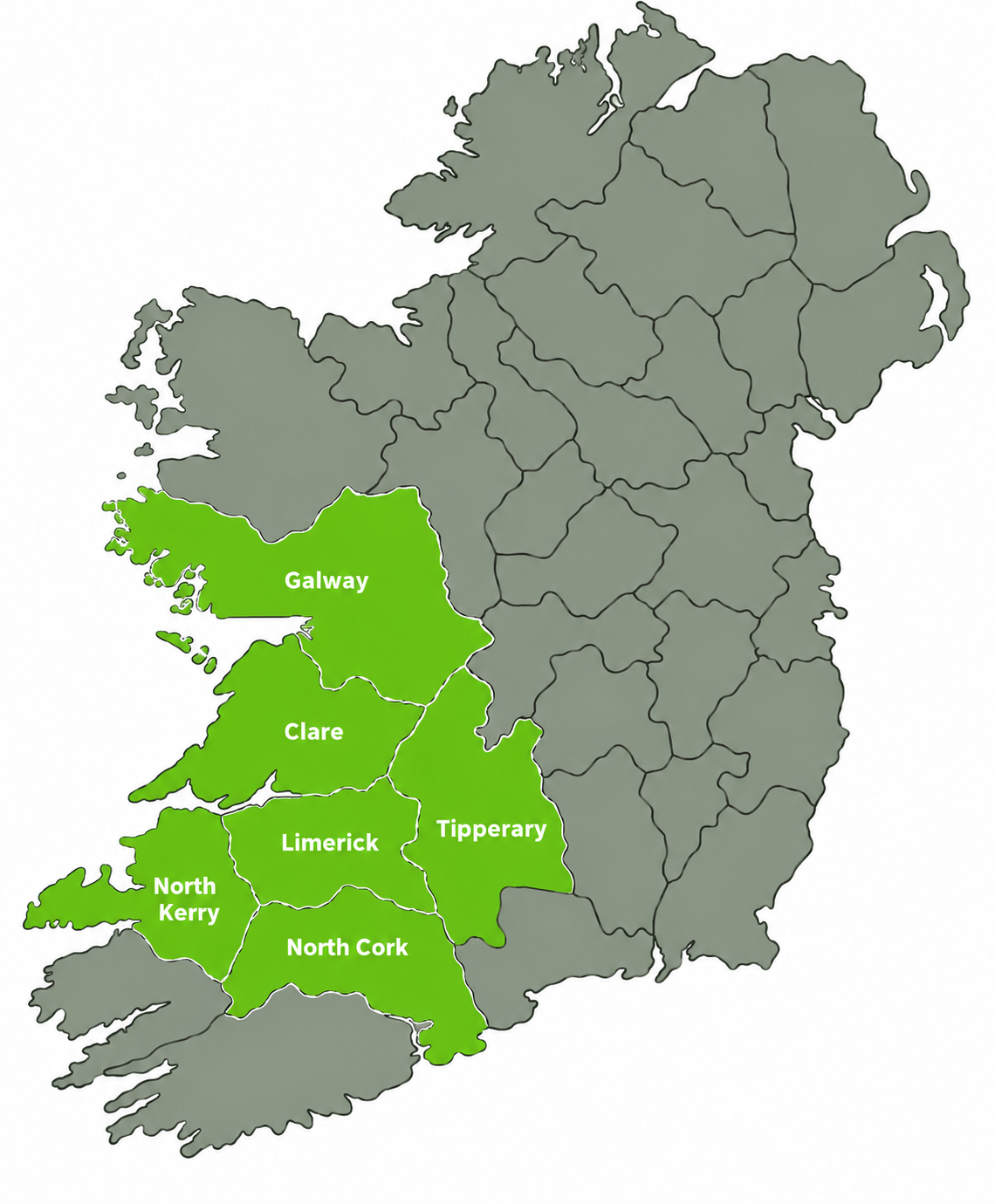 Map of Ireland showing Galway, Clare, Limerick, Tipperary, North Kerry and North Cork